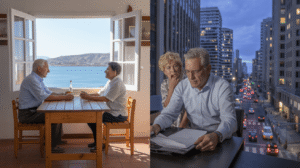 Two contrasting dining scenes with views.
