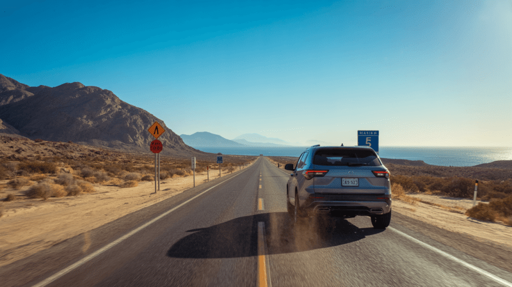 Desert road with vehicle and mountains on San Felipe Mexico Highway