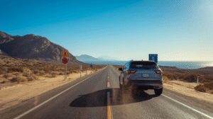 Desert road with vehicle and mountains on San Felipe Mexico Highway