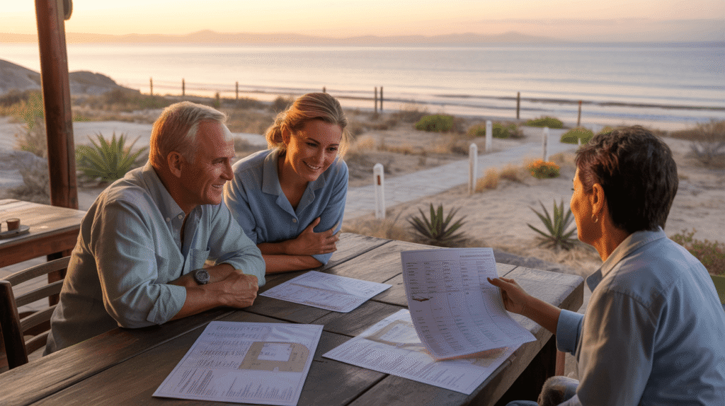 Discussing plans by the beach sunset.
