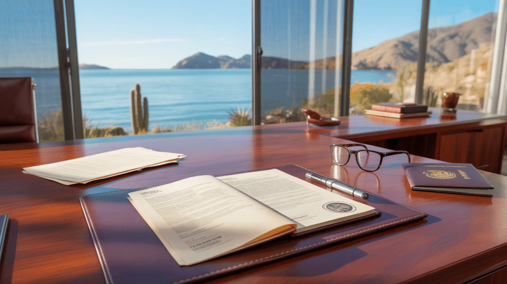 Documents on desk with scenic view on San Felipe Baja California.