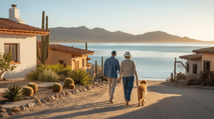 Couple walking dog by the beach